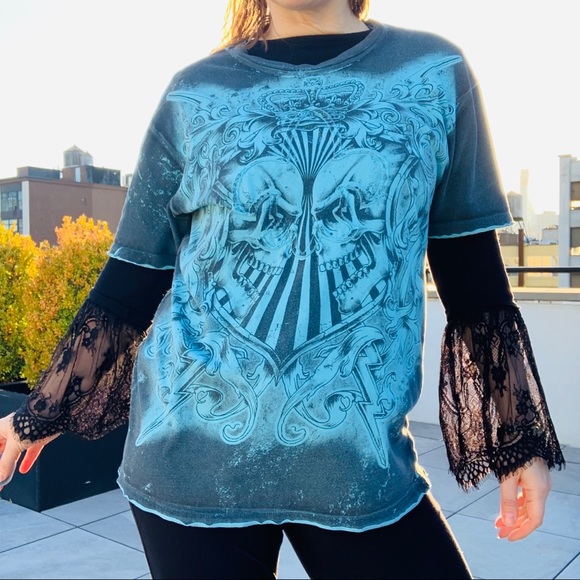 HELIX Scull Heart Crown Graphic 3D Patch Shirt Tie Dye Ans Tattoo L - Picture 1 of 16